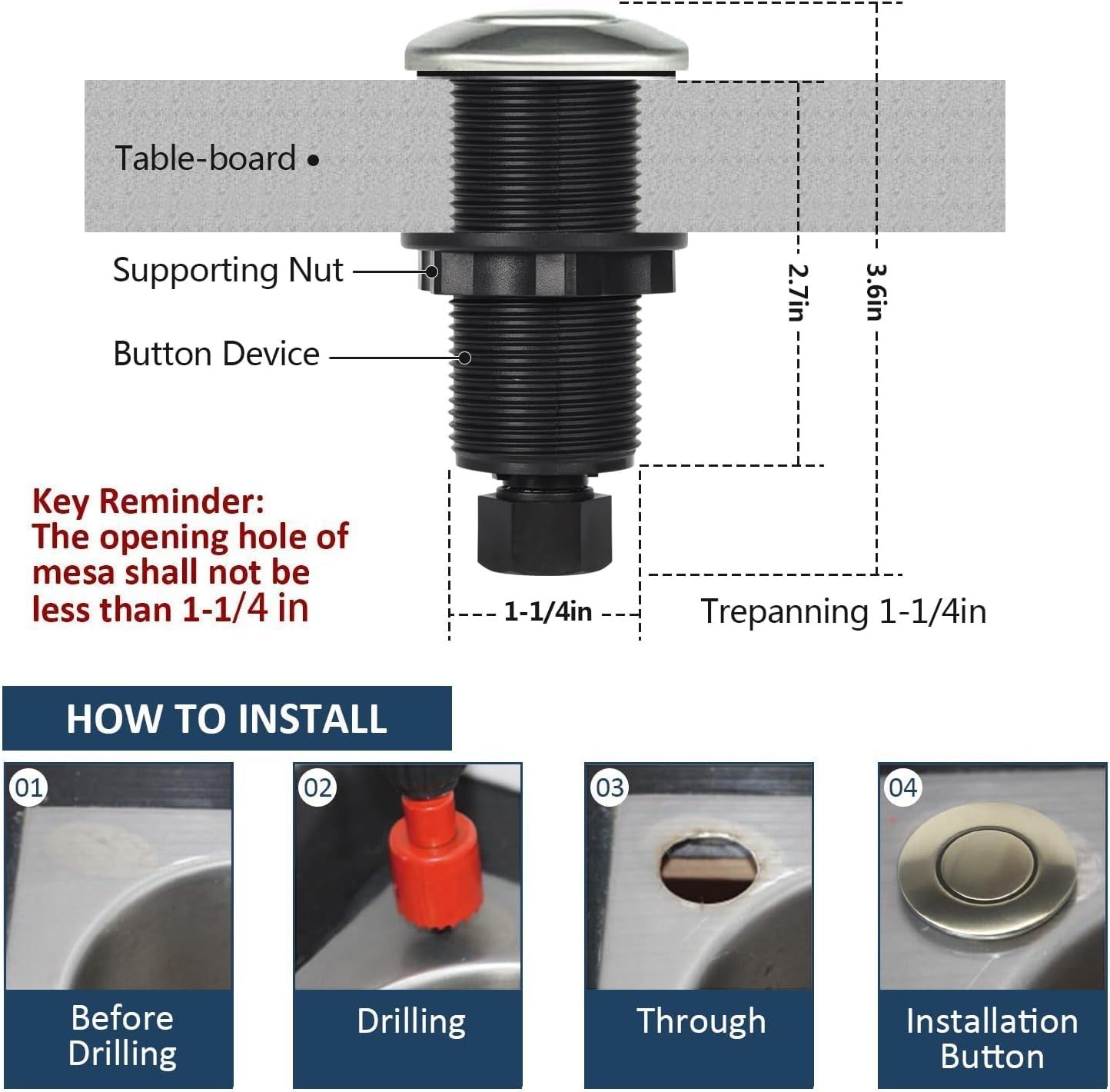 Garbage Disposal Air Switch Kit Sink Top Waste Disposal Long Stainless Steel Brushed Nickel On/Off Air Button Food and Waste Disposals Part by