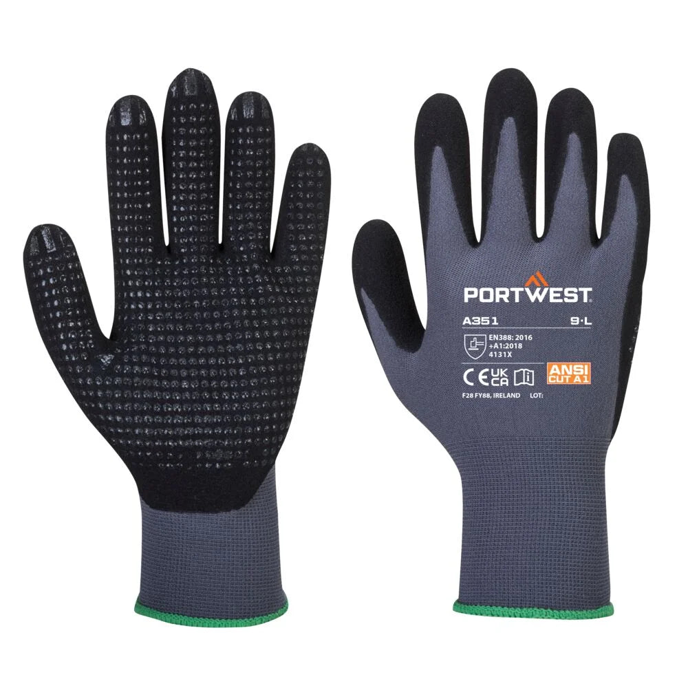 A351 Nitrile Work Gloves Palm Dipped Dermiflex plus Gloves Grey/Black, X-Large-KarWorkwear