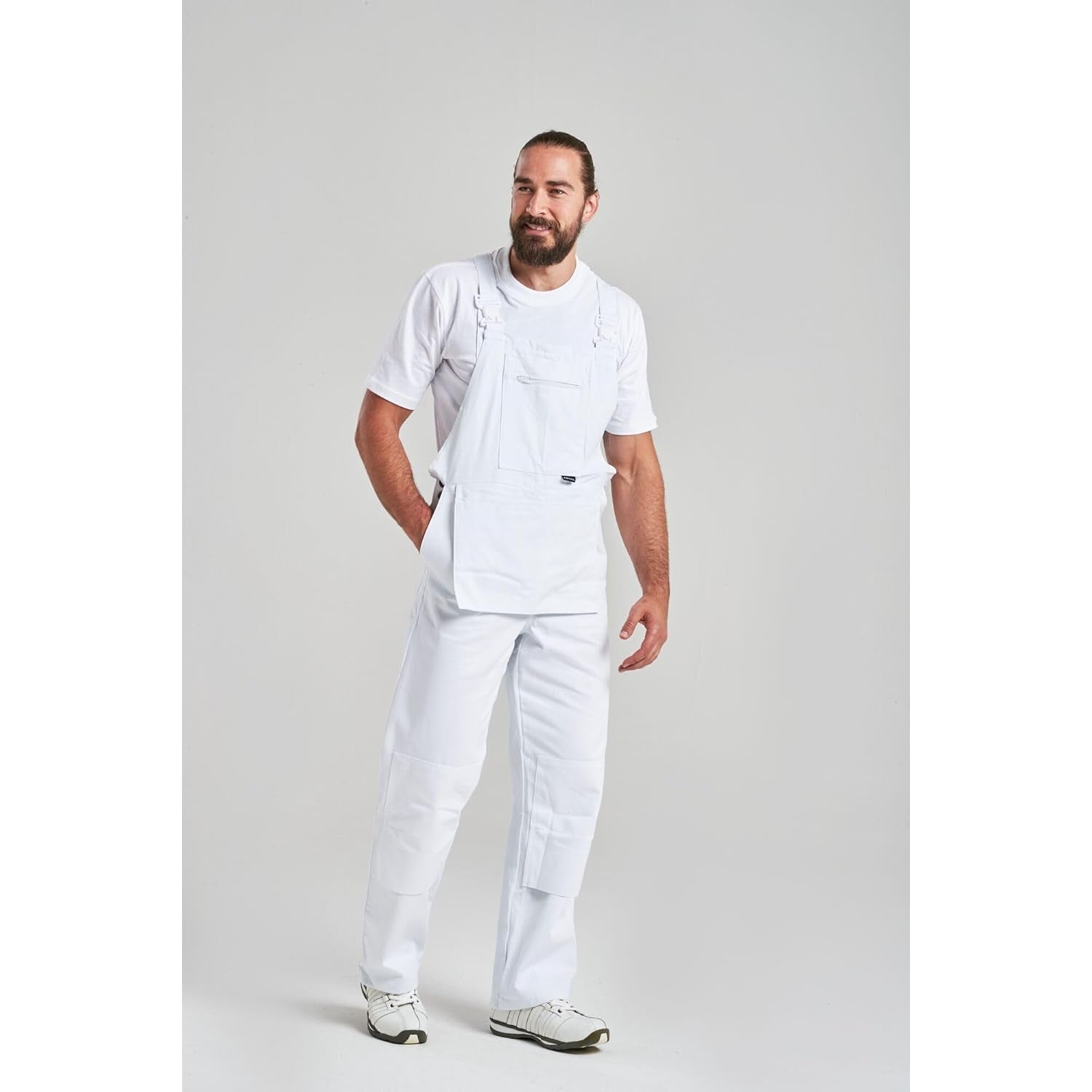 S810 Bolton White Cotton Painters Bib Overalls with Knee Pad Pockets, Small