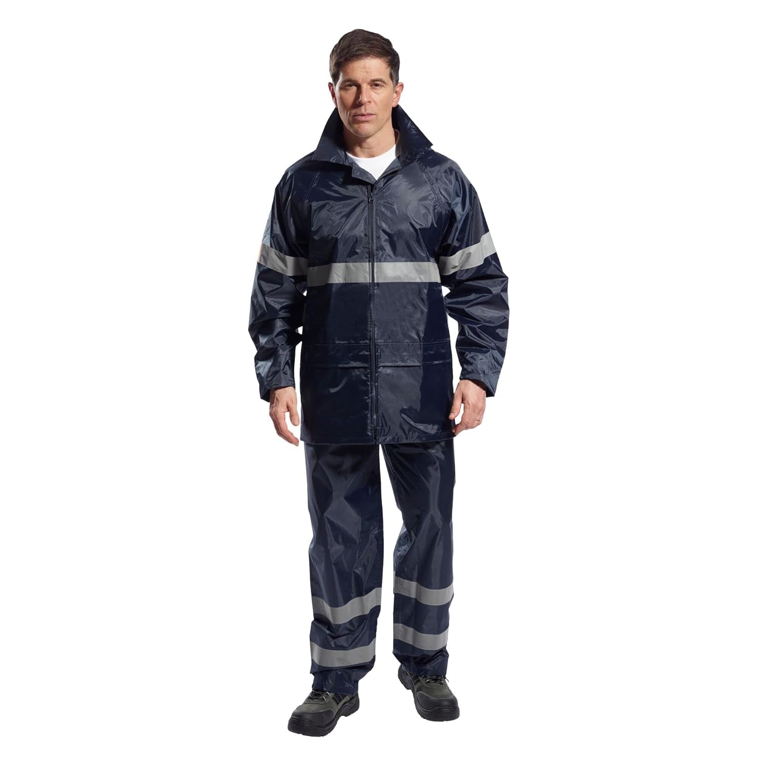 F440 Men'S Hi Vis Waterproof Hooded Rain Jacket - Classic Iona Reflective Rain Coat Navy, Medium