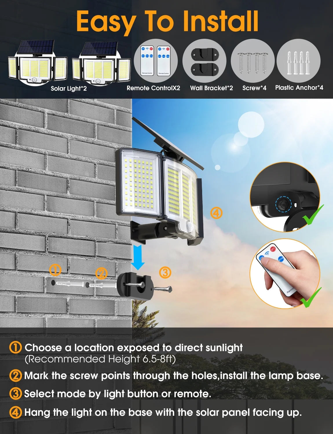 348 LED 3000LM Solar Motion Sensor Flood Lights, 2Pack