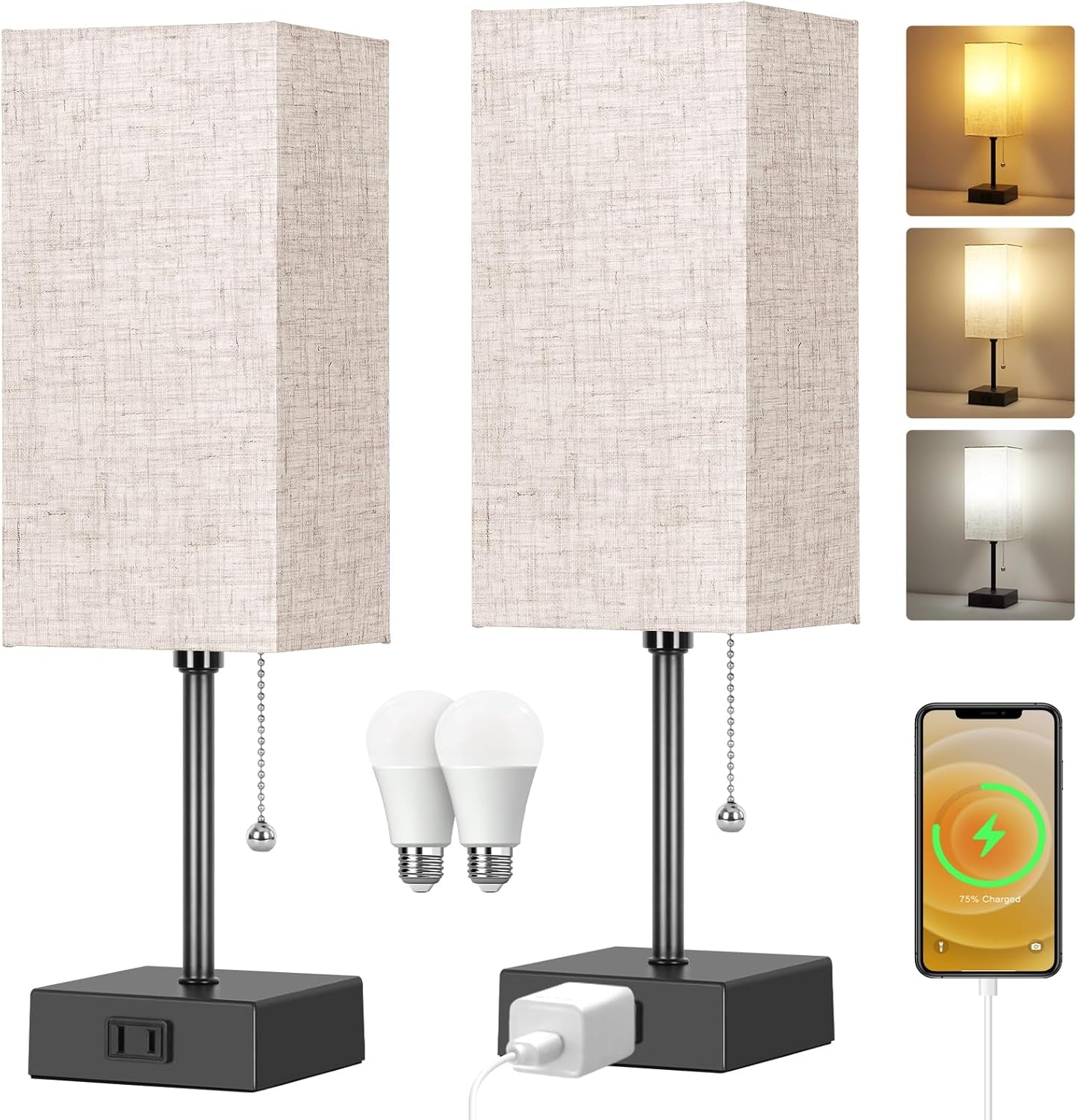 Touch Control Bedside Lamp, 3 Way Dimmable Nightstand Lamp with 2 USB Ports & AC Outlet, Modern Style, White Fabric Shade