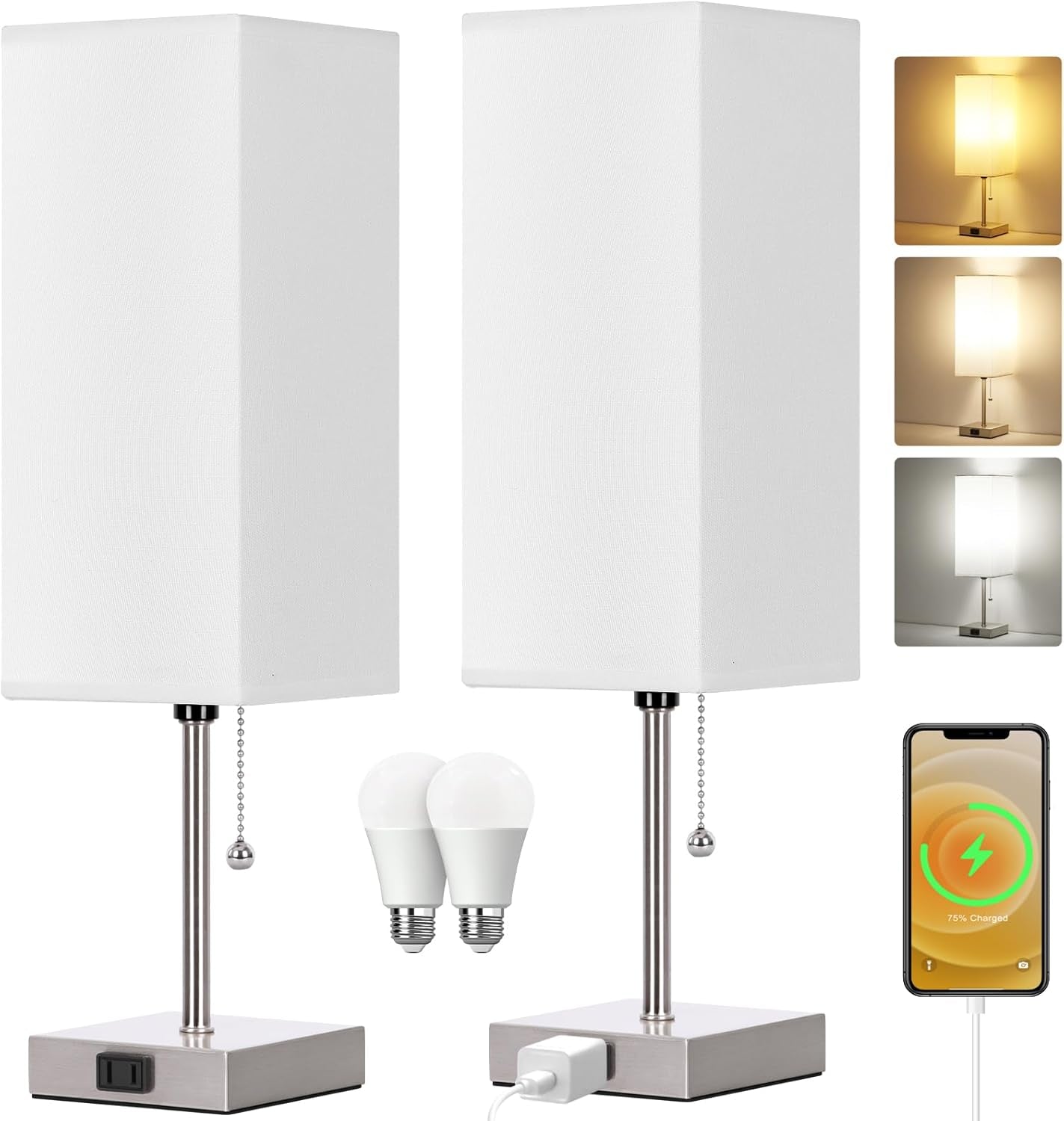 Touch Control Bedside Lamp, 3 Way Dimmable Nightstand Lamp with 2 USB Ports & AC Outlet, Modern Style, White Fabric Shade