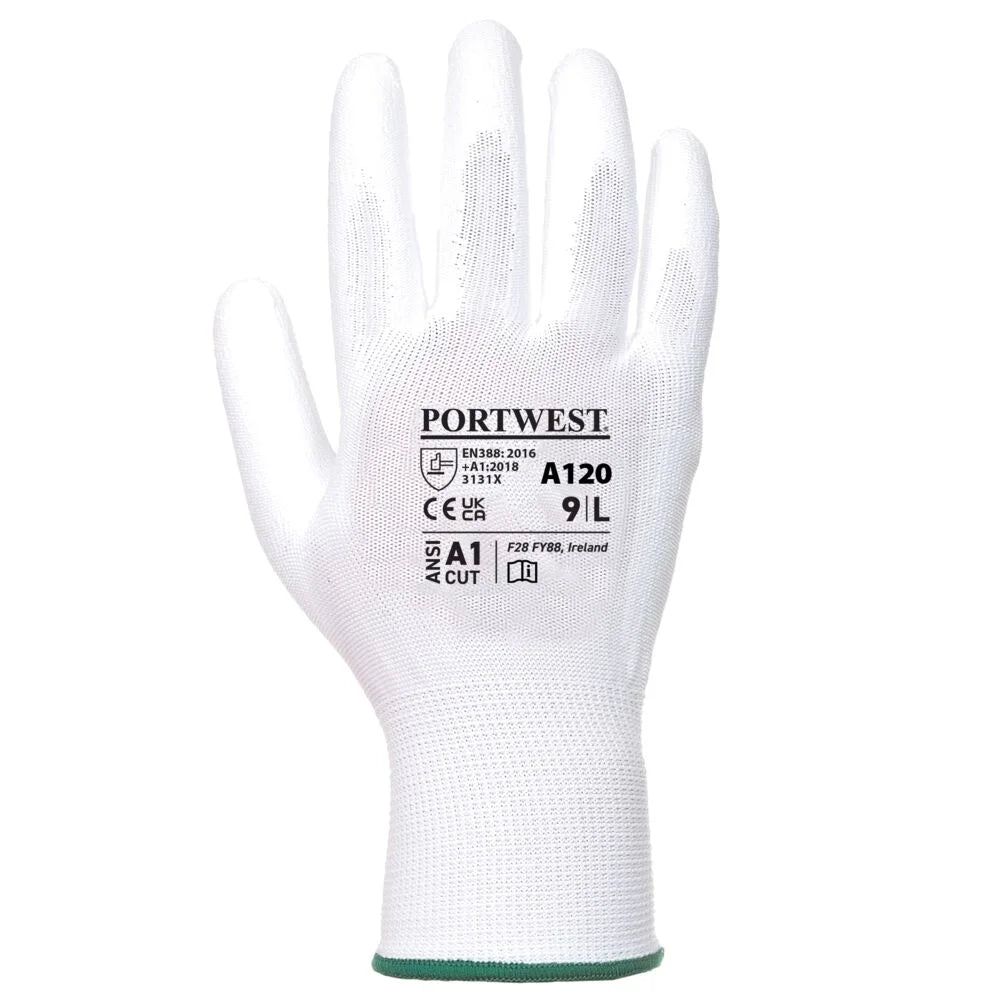 A120 Work Gloves PU Palm Dipped Abrasion and Tear Resistant White, Small-KarWorkwear