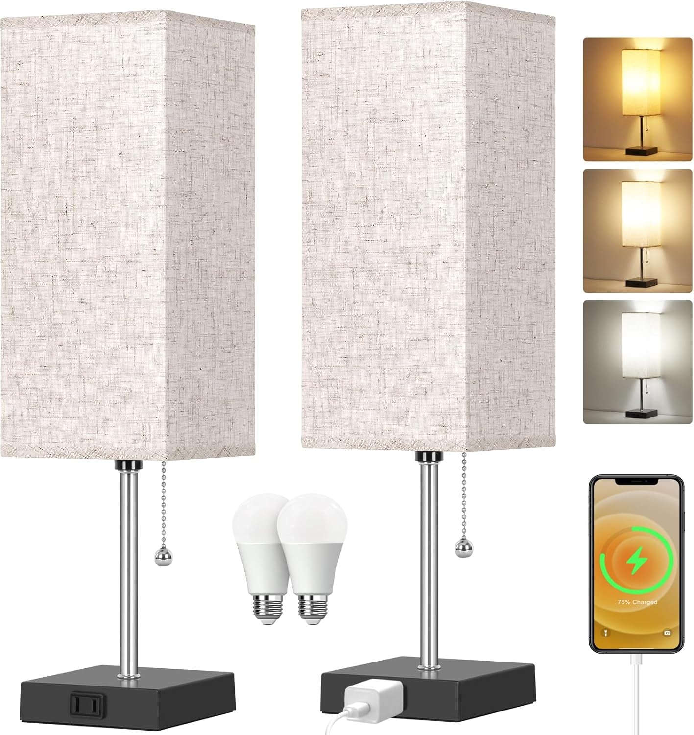 Touch Control Bedside Lamp, 3 Way Dimmable Nightstand Lamp with 2 USB Ports & AC Outlet, Modern Style, White Fabric Shade