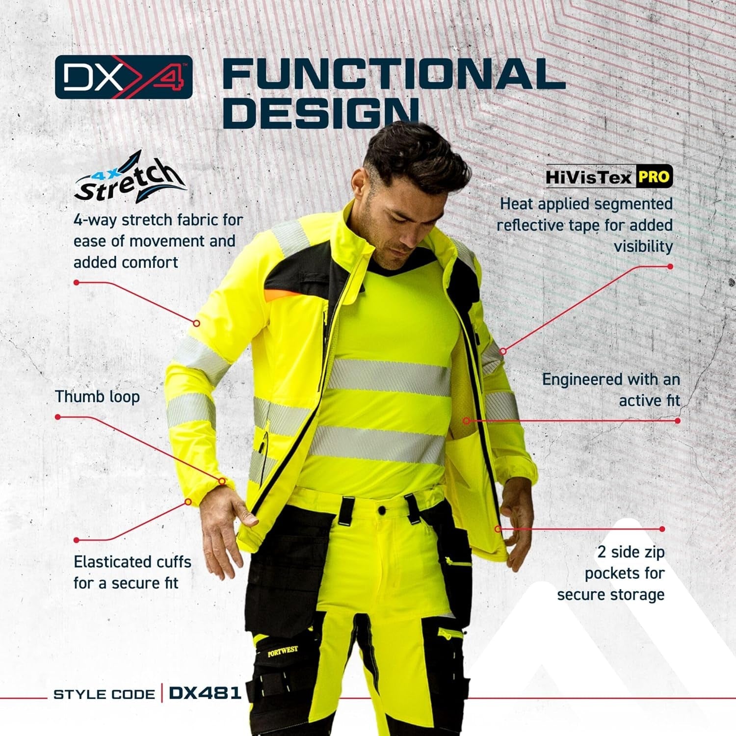 DX481 Men'S Hi Vis Lightweight Work Jacket Mid Layer Stretch Reflective Full Zip Safety Utility Workwear