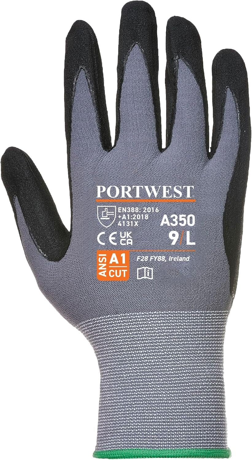 A350 Grip Work Gloves - Lightweight Nitrile Foam Dermiflex Safety Gloves Black