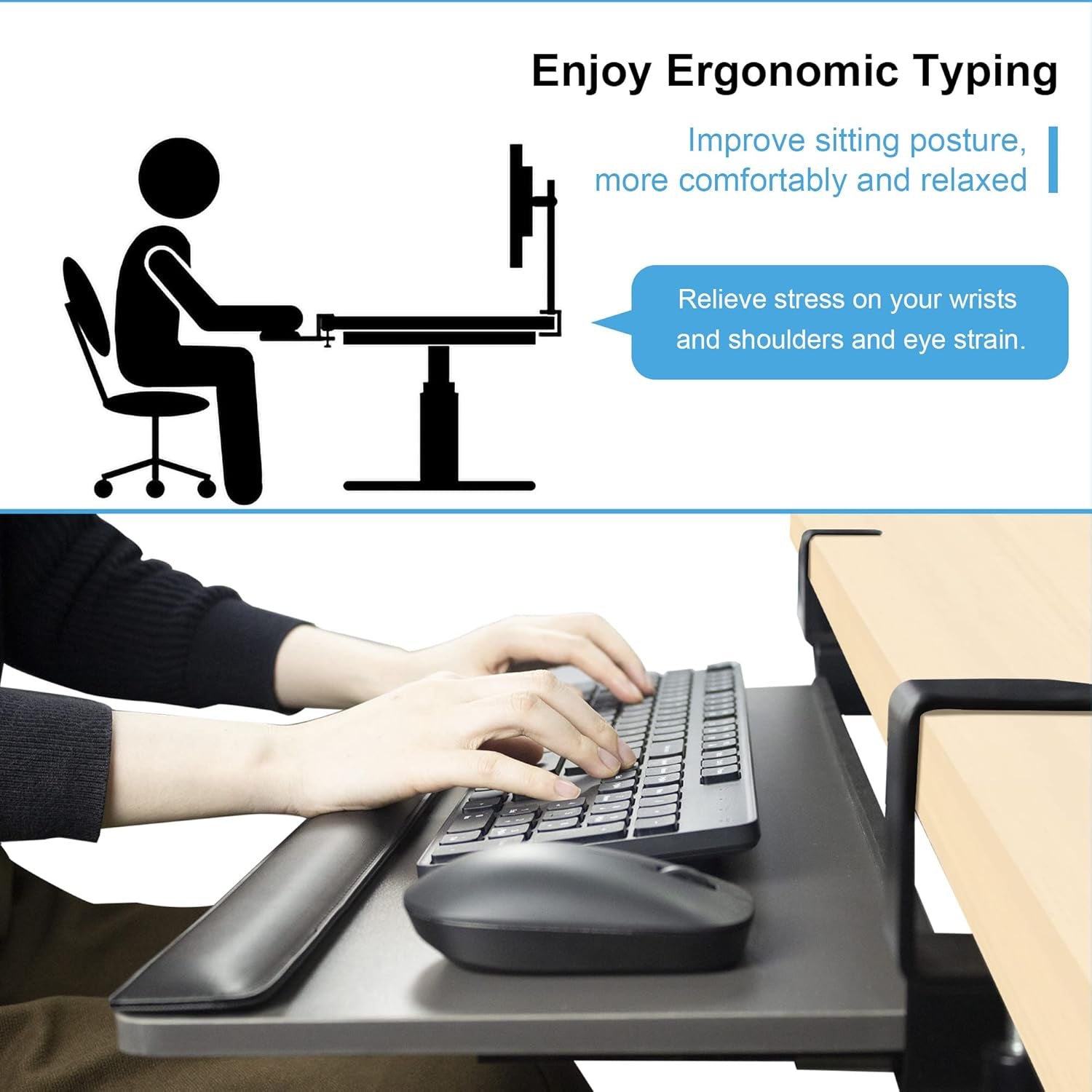 Keyboard Tray under Desk Slide Out,Keyboard Drawer Clamp on Keyboard Tray with Wrist Rest Keyboard Holder for Home Office School 26" (30" Including Clamps) X 10" Dark Gray
