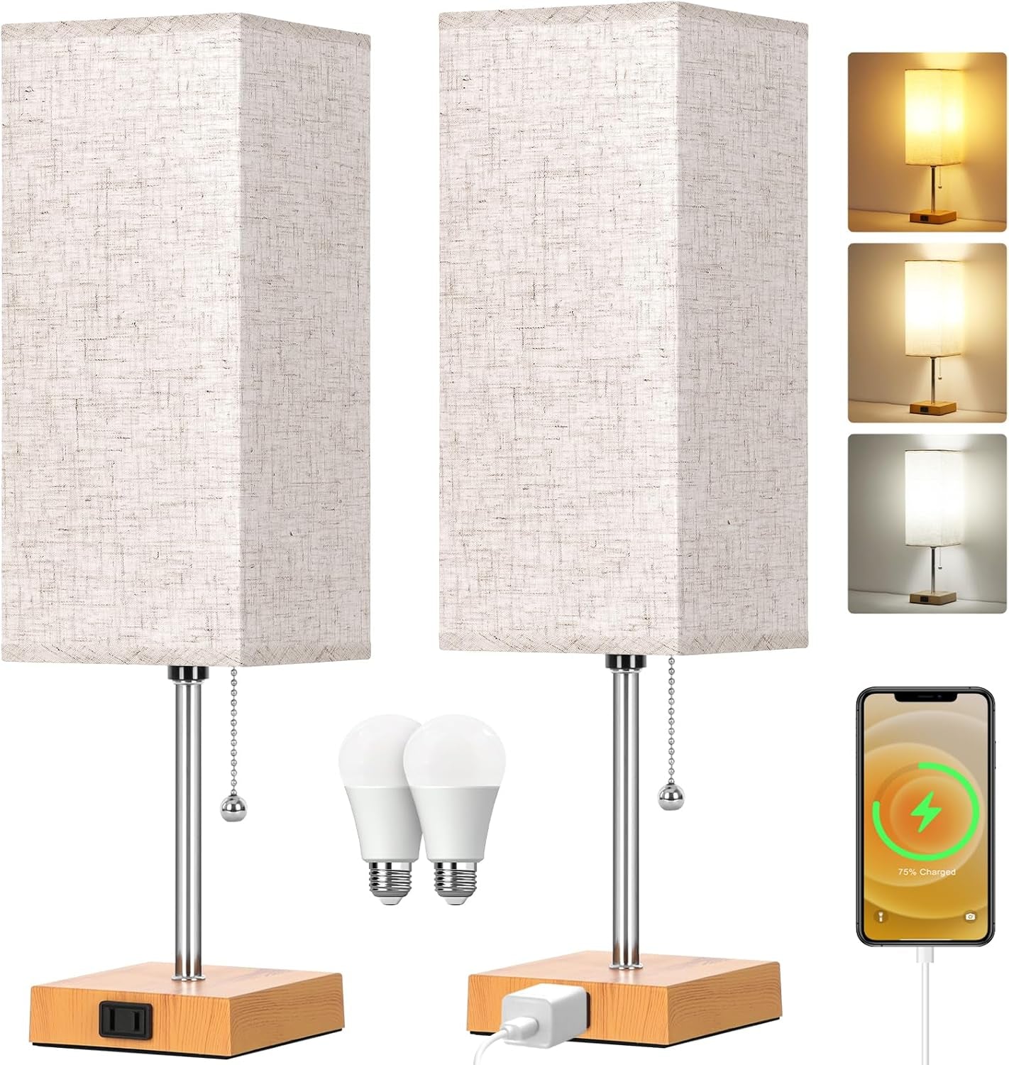 Touch Control Bedside Lamp, 3 Way Dimmable Nightstand Lamp with 2 USB Ports & AC Outlet, Modern Style, White Fabric Shade