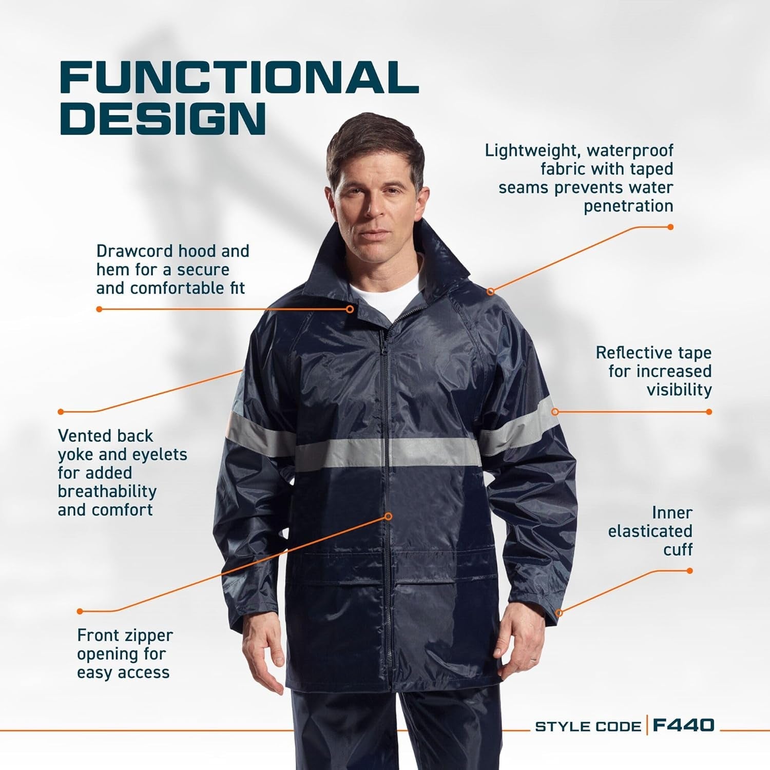 F440 Men'S Hi Vis Waterproof Hooded Rain Jacket - Classic Iona Reflective Rain Coat Navy, Medium