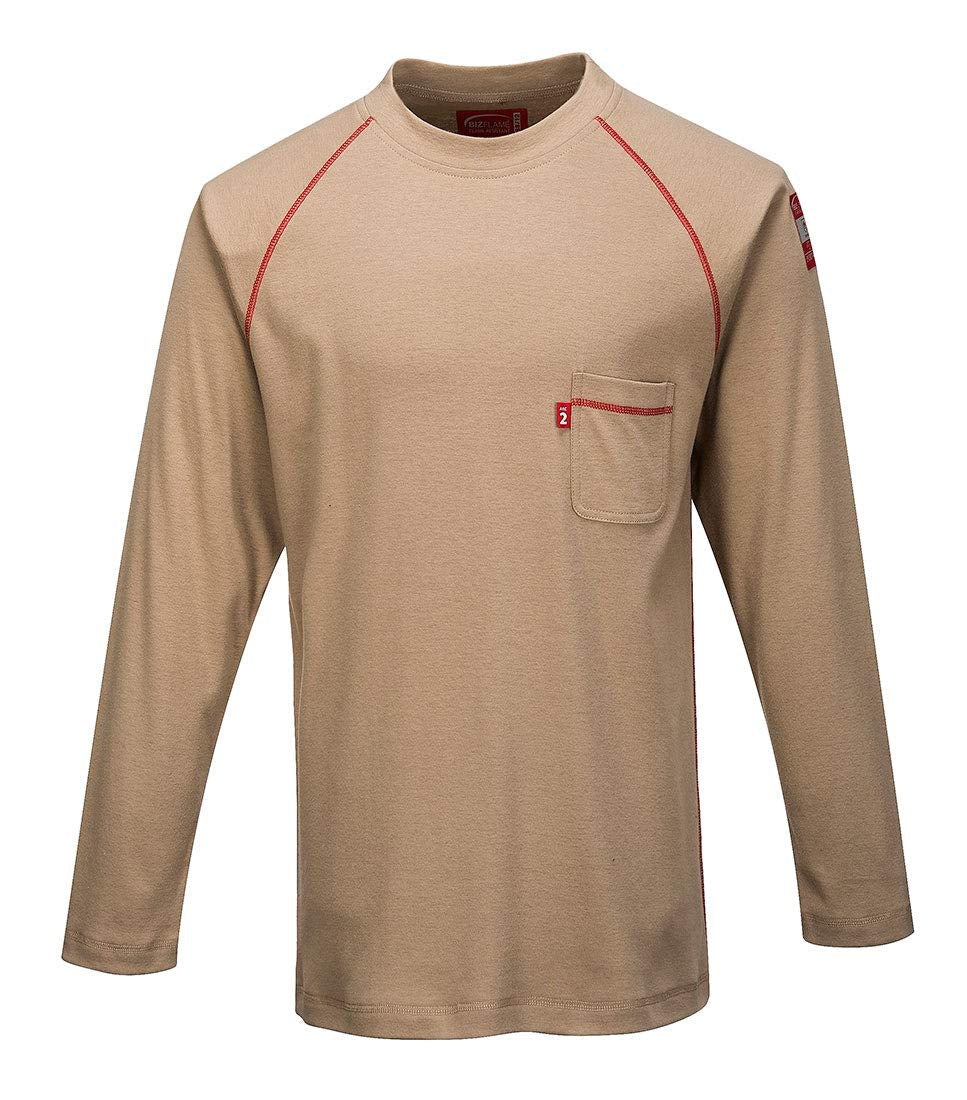 FR01 Mens Flame Resistant Bizflame Long Sleeved Crew Neck T Shirt ASTM, Khaki, X Large