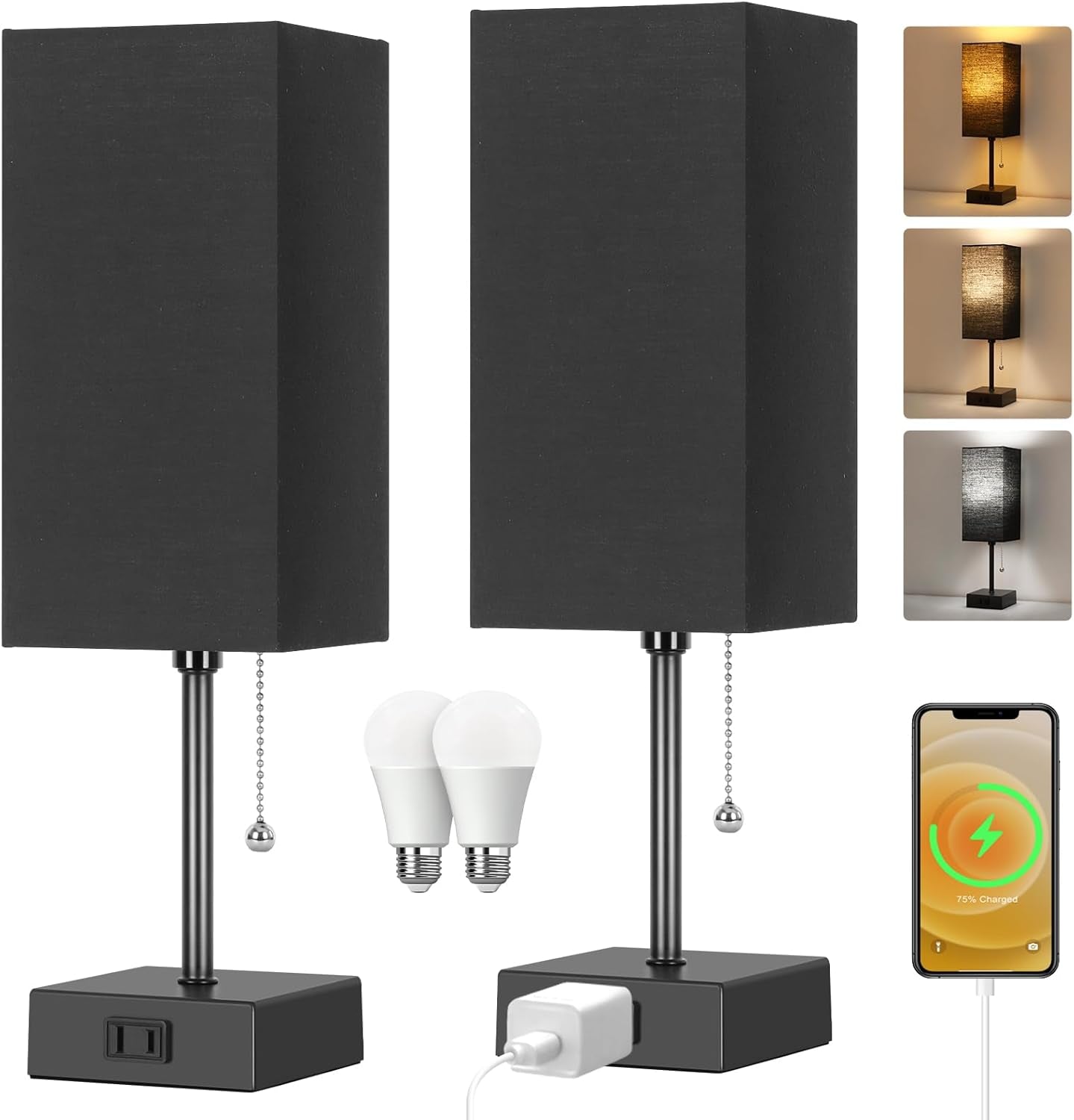 Touch Control Bedside Lamp, 3 Way Dimmable Nightstand Lamp with 2 USB Ports & AC Outlet, Modern Style, White Fabric Shade