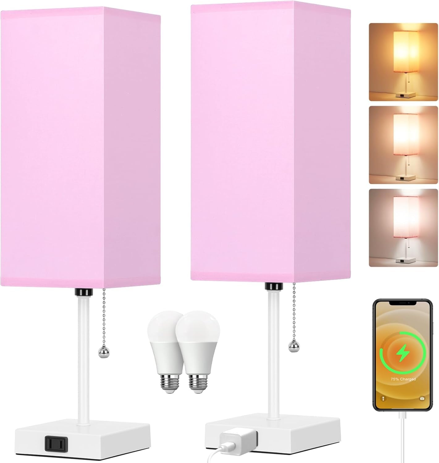 Touch Control Bedside Lamp, 3 Way Dimmable Nightstand Lamp with 2 USB Ports & AC Outlet, Modern Style, White Fabric Shade