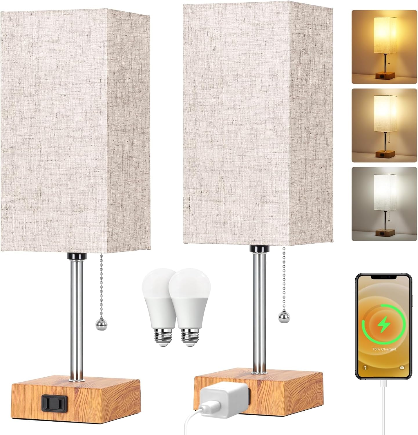 Touch Control Bedside Lamp, 3 Way Dimmable Nightstand Lamp with 2 USB Ports & AC Outlet, Modern Style, White Fabric Shade