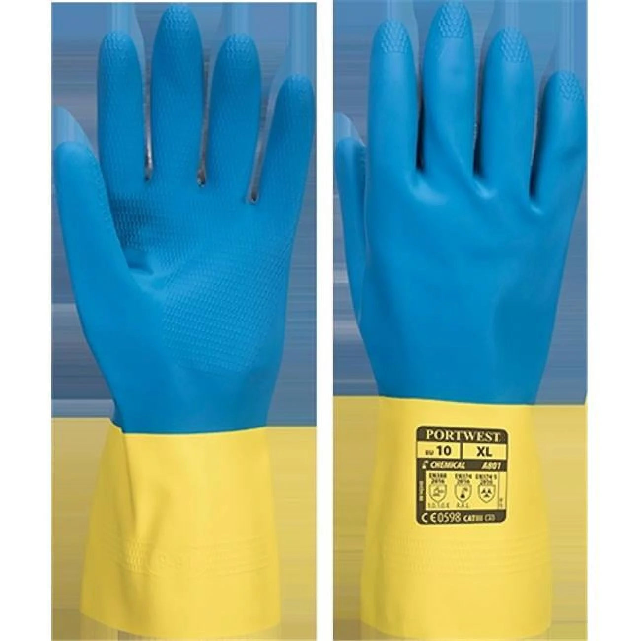A801 Double Dipped Latex Gauntlet Yellow/Blue, Small-KarWorkwear