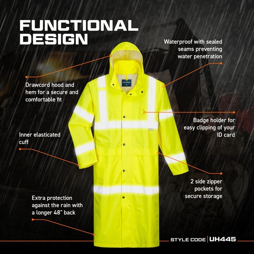 UH445 Men'S Classic Raincoat Waterproof Hi Vis Reflective Long Rain Jacket ANSI Class 3 Yellow
