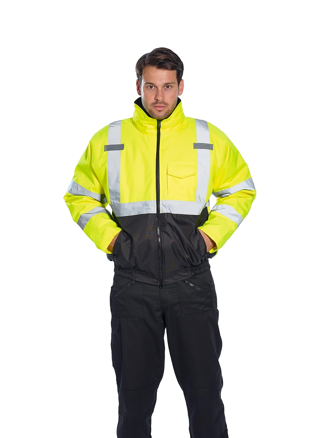US363 Men'S Waterproof Hi Vis Reflective Two-Tone Bomber Jacket Yellow/Black Tall, X-Large