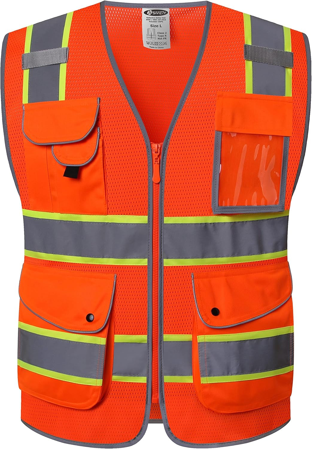 9 Pockets Class 2 High Visibility Zipper Front Safety Vest with Reflective Strips, Meets ANSI/ISEA Standards (Large, 150-Pink)