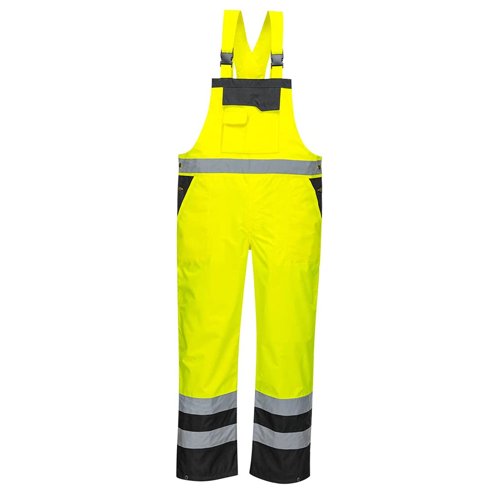 S488 Waterproof Hi Vis Safety Overalls, Contrast Bib and Brace Breathable Workwear Yellow/Black, Large