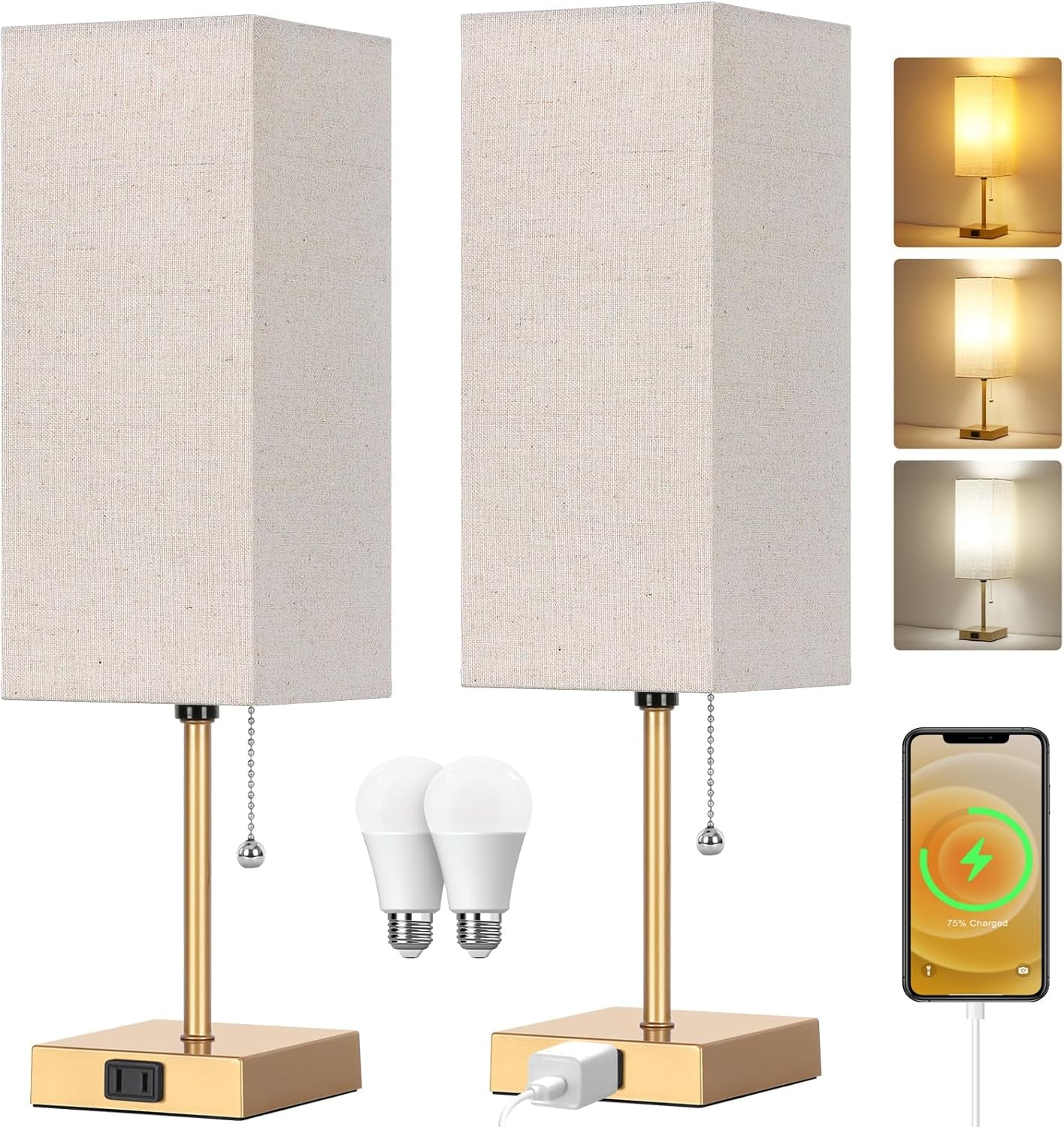 Touch Control Bedside Lamp, 3 Way Dimmable Nightstand Lamp with 2 USB Ports & AC Outlet, Modern Style, White Fabric Shade