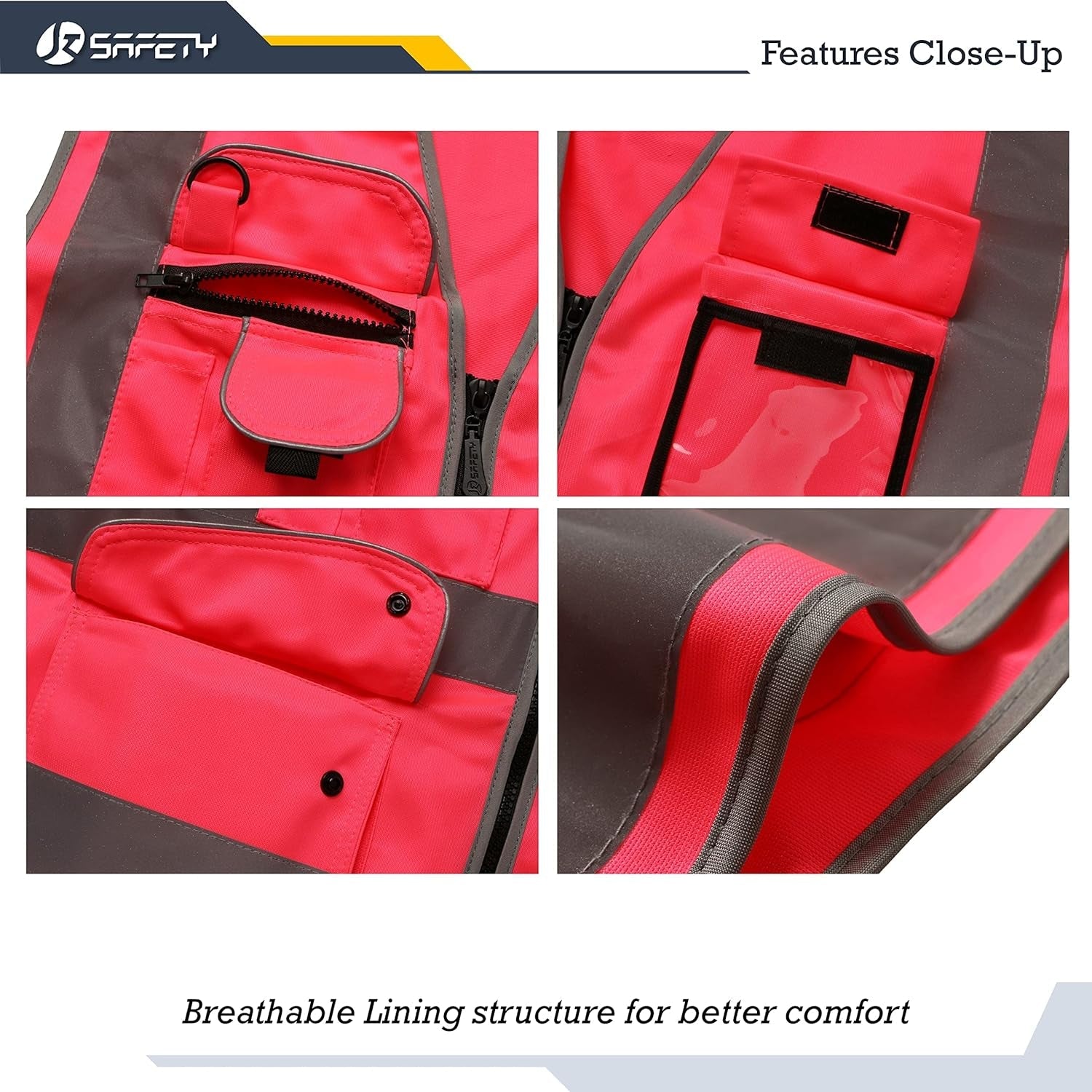 9 Pockets Class 2 High Visibility Zipper Front Safety Vest with Reflective Strips, Meets ANSI/ISEA Standards (Large, 150-Pink)