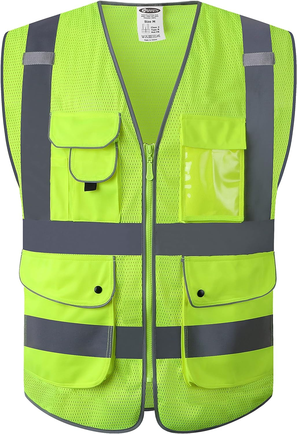 9 Pockets Class 2 High Visibility Zipper Front Safety Vest with Reflective Strips, Meets ANSI/ISEA Standards (Large, 150-Pink)