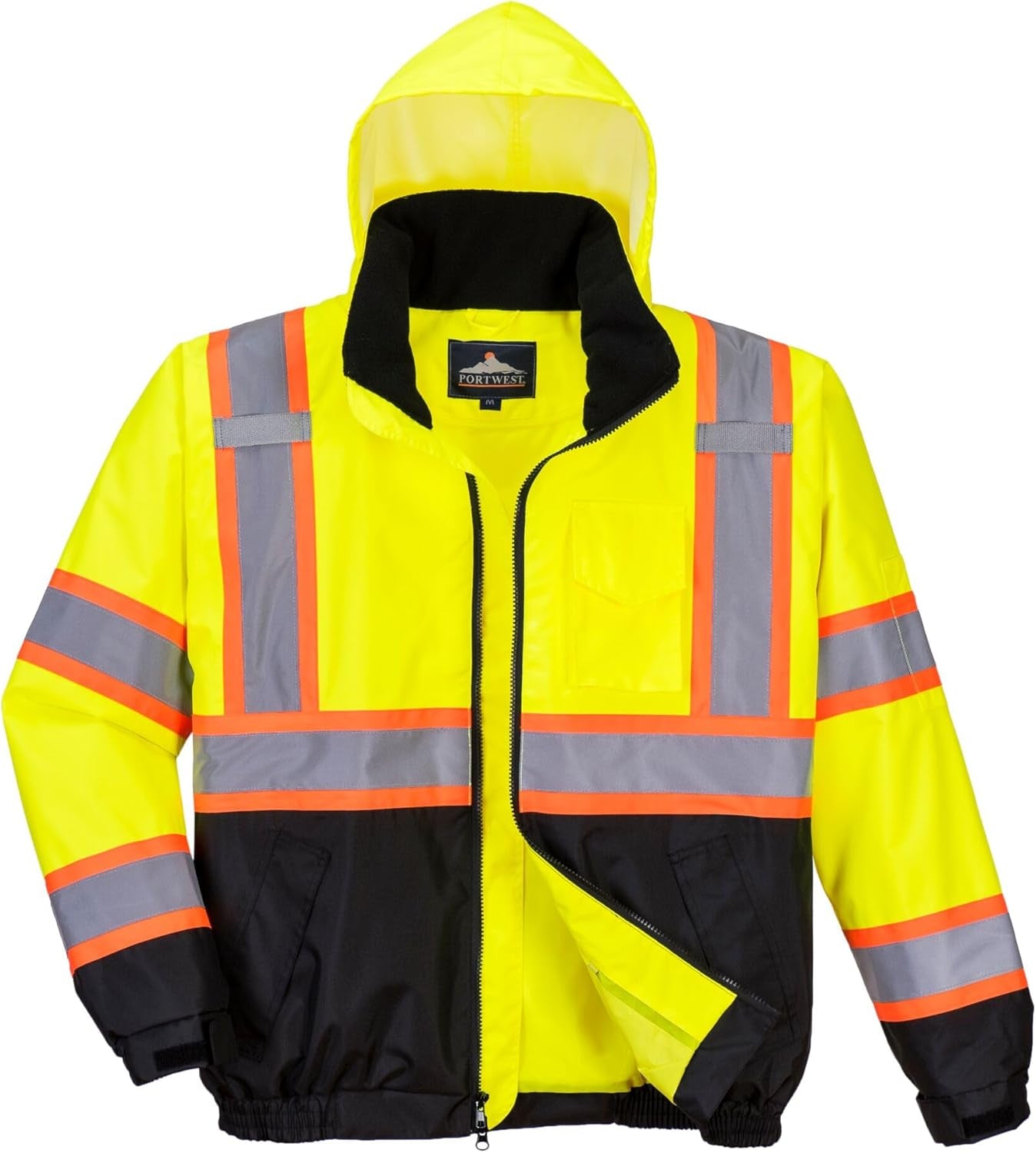 US367 Hi Vis 2 in 1 Bomber Jacket Waterproof Two Way Zip with Pack Away Hood, Yellow/Black, 7XL