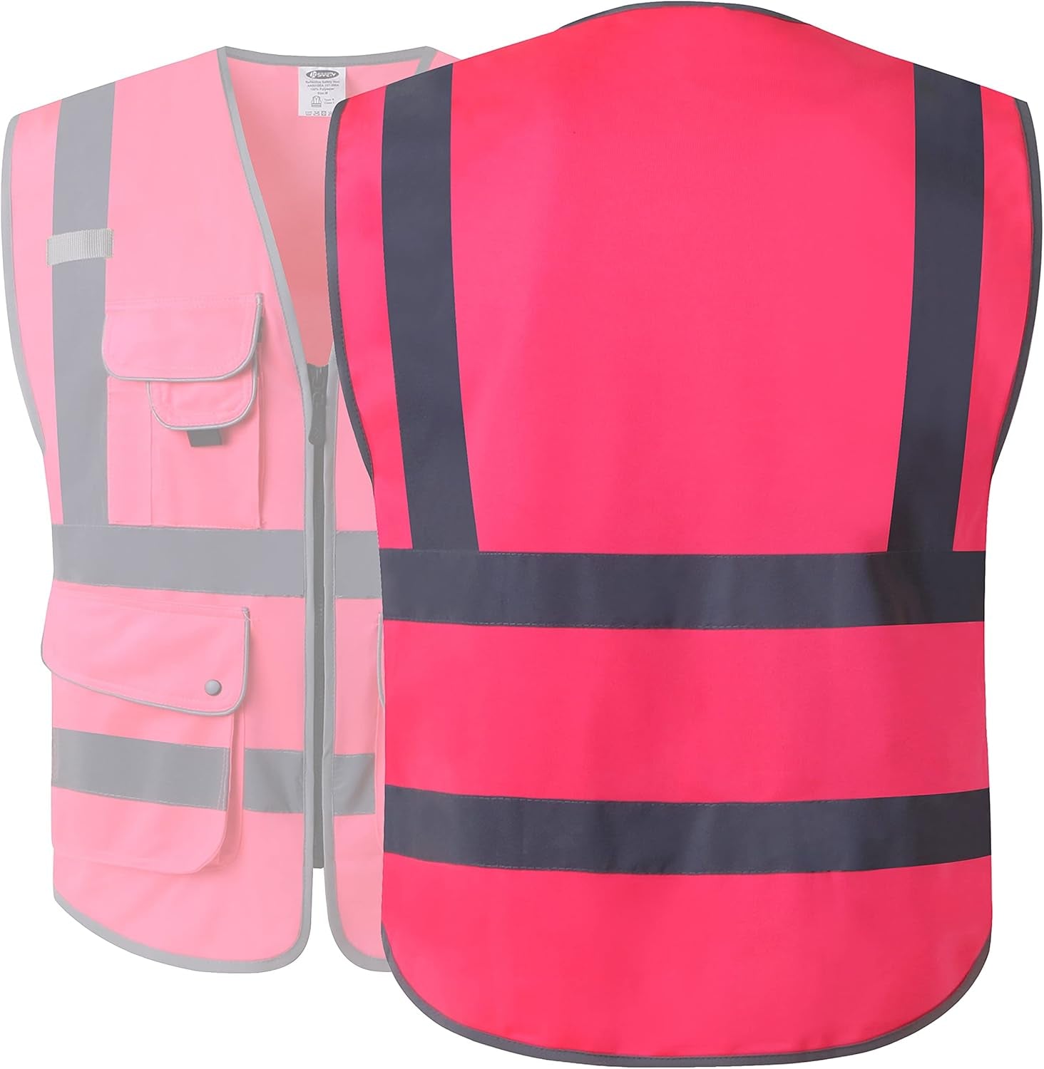 9 Pockets Class 2 High Visibility Zipper Front Safety Vest with Reflective Strips, Meets ANSI/ISEA Standards (Large, 150-Pink)