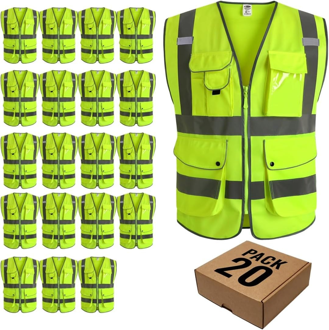 9 Pockets Class 2 High Visibility Zipper Front Safety Vest with Reflective Strips, Meets ANSI/ISEA Standards (Large, 150-Pink)
