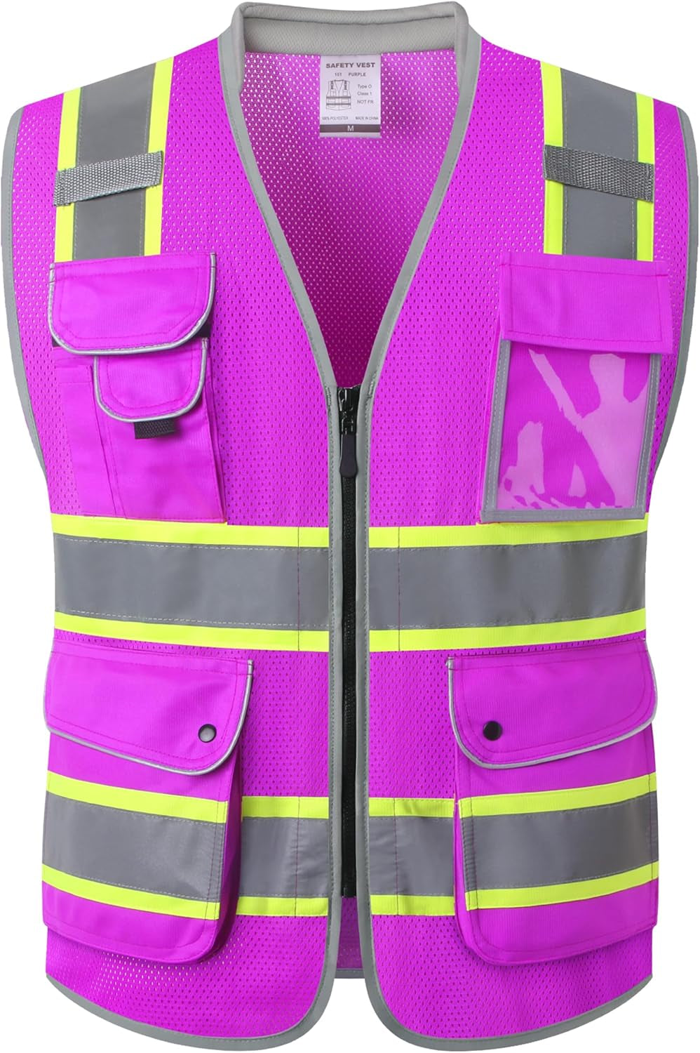 9 Pockets Class 2 High Visibility Zipper Front Safety Vest with Reflective Strips, Meets ANSI/ISEA Standards (Large, 150-Pink)