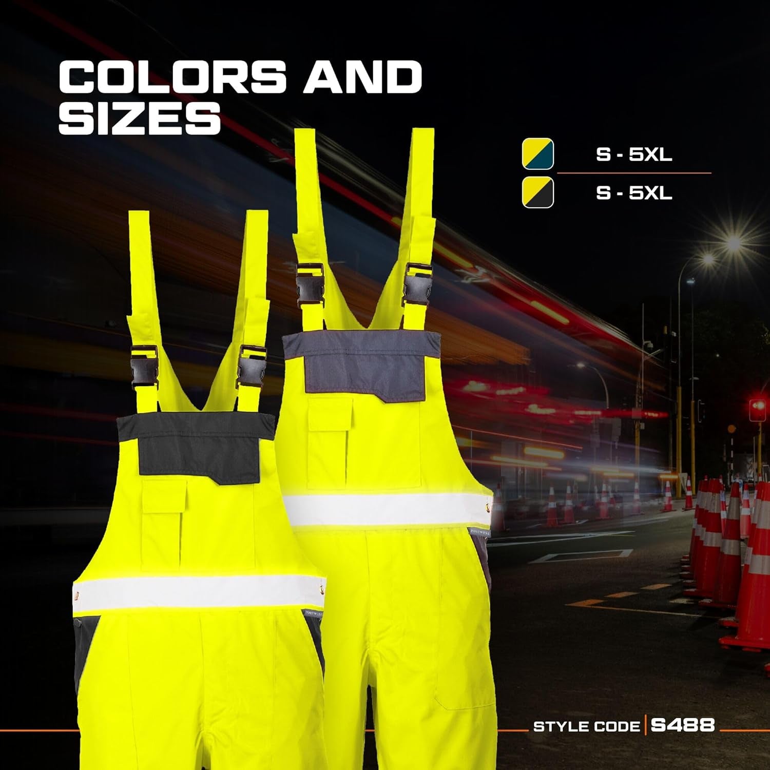 S488 Waterproof Hi Vis Safety Overalls, Contrast Bib and Brace Breathable Workwear Yellow/Black, Large
