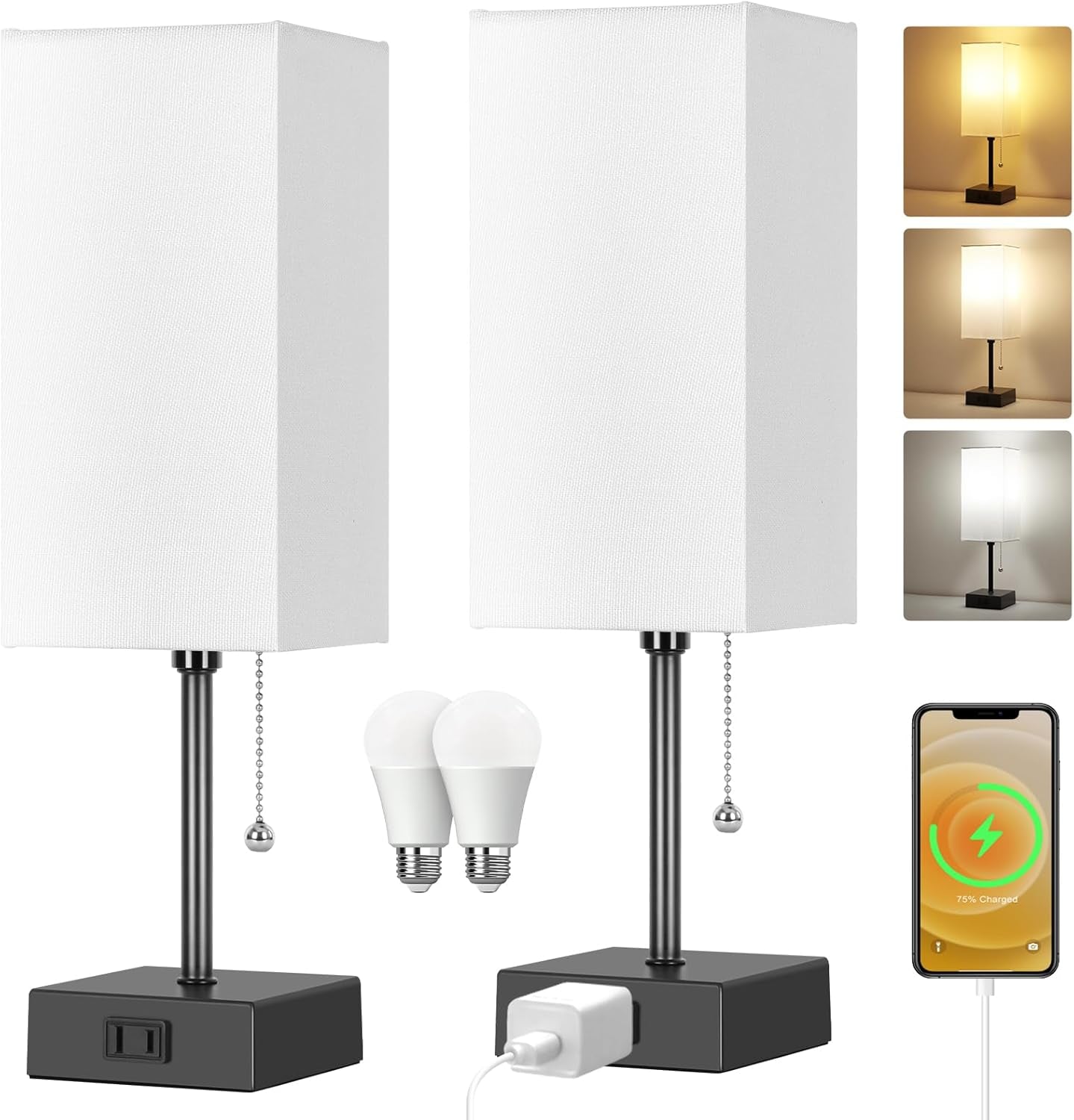 Touch Control Bedside Lamp, 3 Way Dimmable Nightstand Lamp with 2 USB Ports & AC Outlet, Modern Style, White Fabric Shade