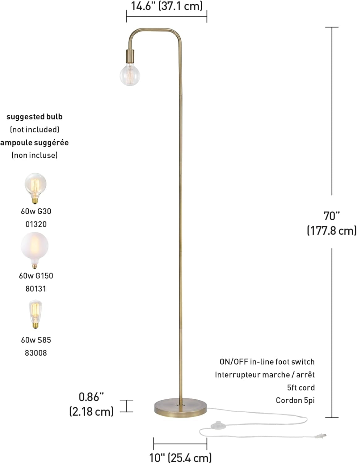 Electric 67068 Holden 70" Floor Lamp, Matte Brass, In-Line On/Off Foot Switch