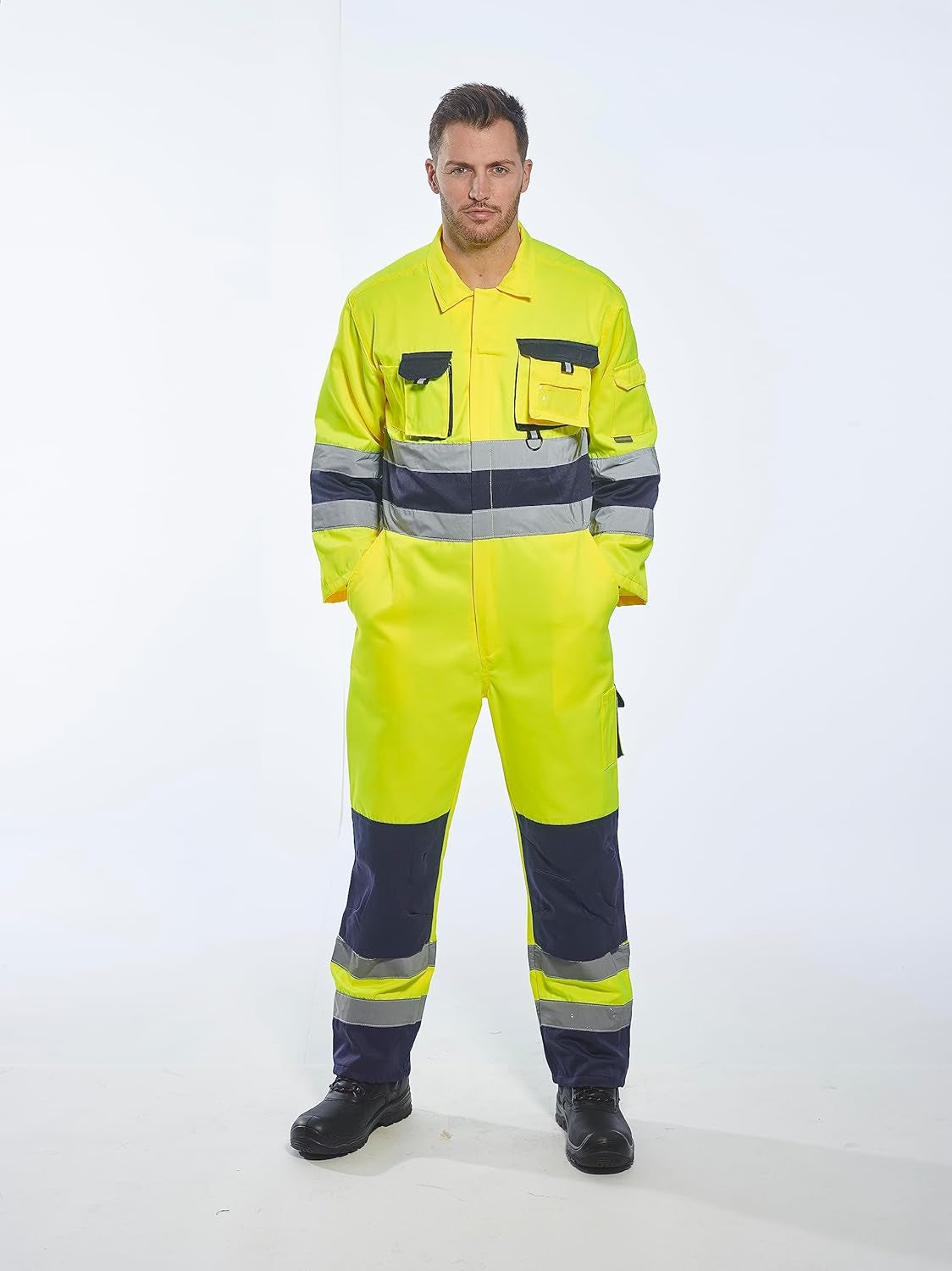 TX55 Nantes Hi Vis Coveralls - Reflective Safety Coveralls with Pockets ANSI Class 3 Yellow/Navy, Large