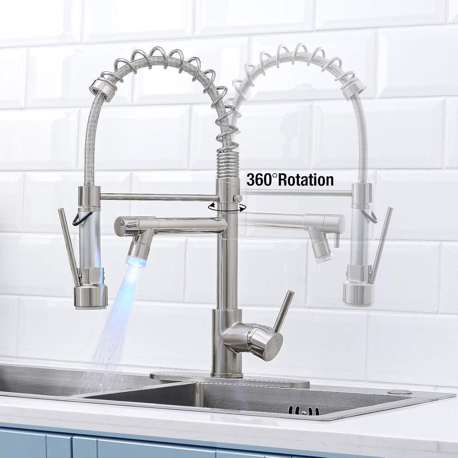 Kitchen Faucets with Pull down Sprayer Brushed Nickel -【LED Light Dual Ends】 Single Handle 1 or 3 Holes Spring Kitchen Sink Faucet with Deck Plate for Farmhouse RV Vessel Basin