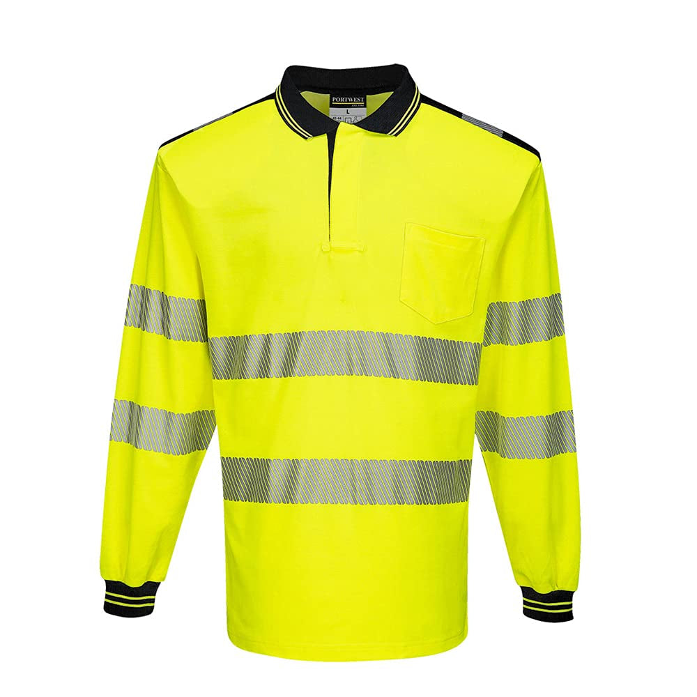 T184 PW3 Hi-Vis Long Sleeve Polo Safety Shirt Yellow/Black, Medium