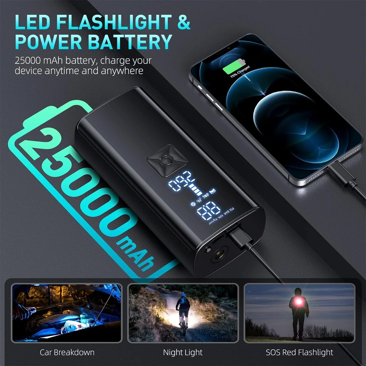 ABKH Tire Inflator 150PSI Portable Air Compressor,For Car Tires with 25000Mah Battery