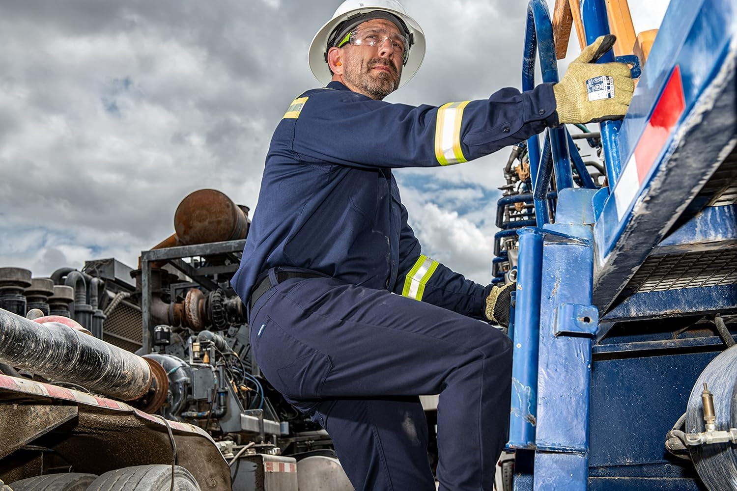 FR706 Men'S Flame Resistant FR Reflective Tape Shirt Navy, Medium