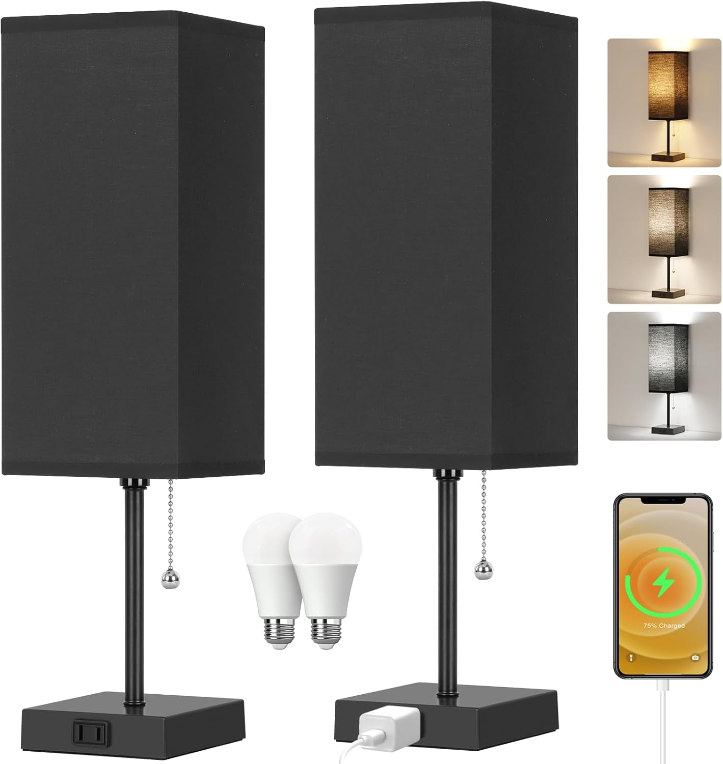 Touch Control Bedside Lamp, 3 Way Dimmable Nightstand Lamp with 2 USB Ports & AC Outlet, Modern Style, White Fabric Shade