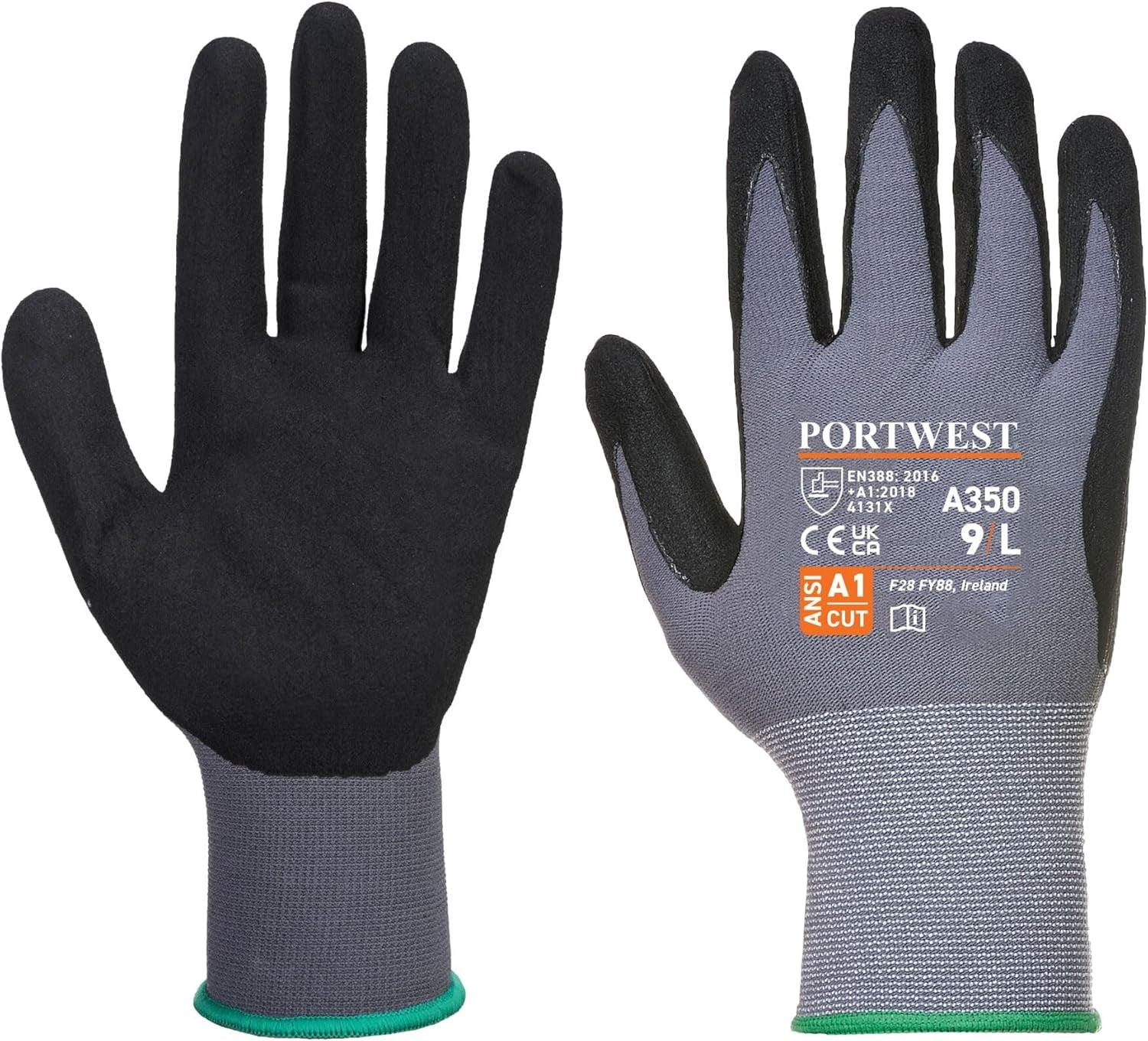 A350 Grip Work Gloves - Lightweight Nitrile Foam Dermiflex Safety Gloves Black