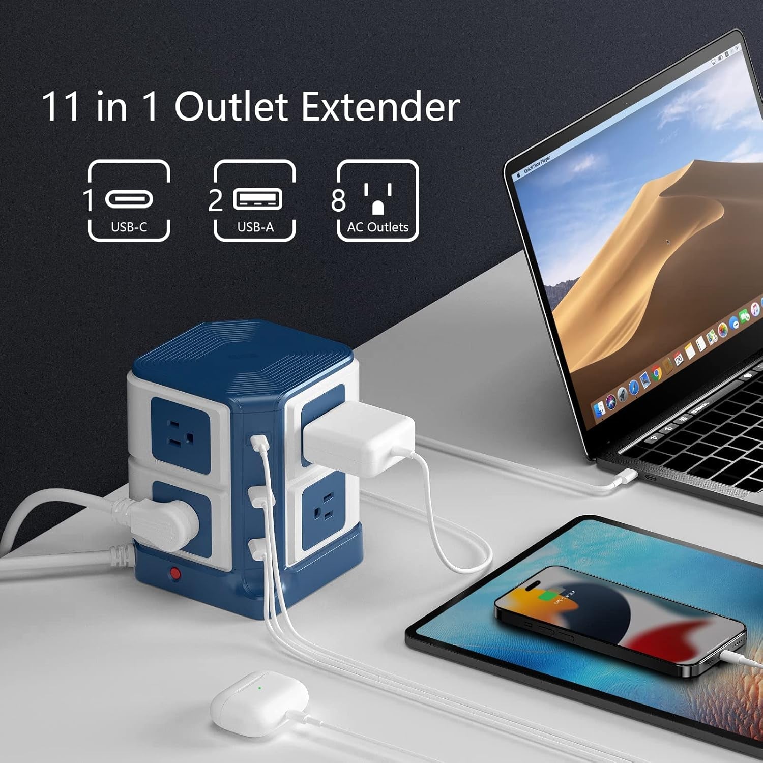 Power Strip Tower with PD20W USB C,  8-Outlet and USB Charging Ports 2100 Joules Surge Protector, 5 Feet Extension Cord Flat Plug, ETL Listed