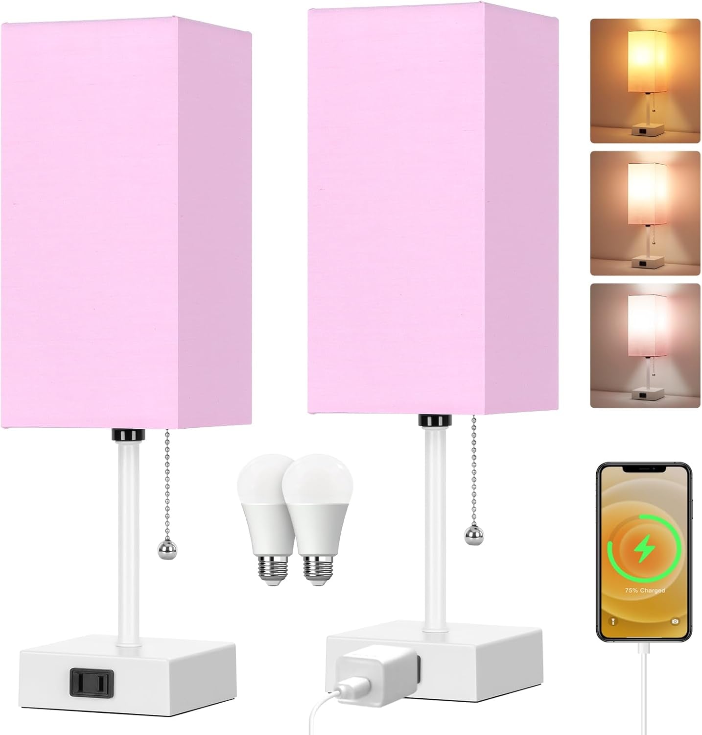 Touch Control Bedside Lamp, 3 Way Dimmable Nightstand Lamp with 2 USB Ports & AC Outlet, Modern Style, White Fabric Shade