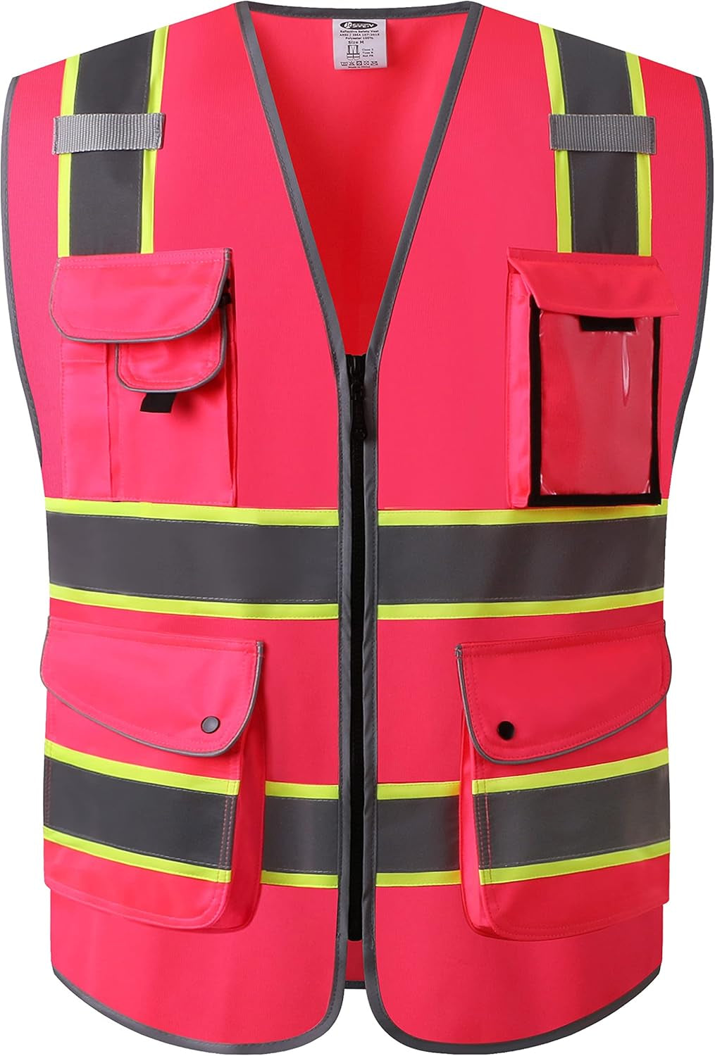 9 Pockets Class 2 High Visibility Zipper Front Safety Vest with Reflective Strips, Meets ANSI/ISEA Standards (Large, 150-Pink)
